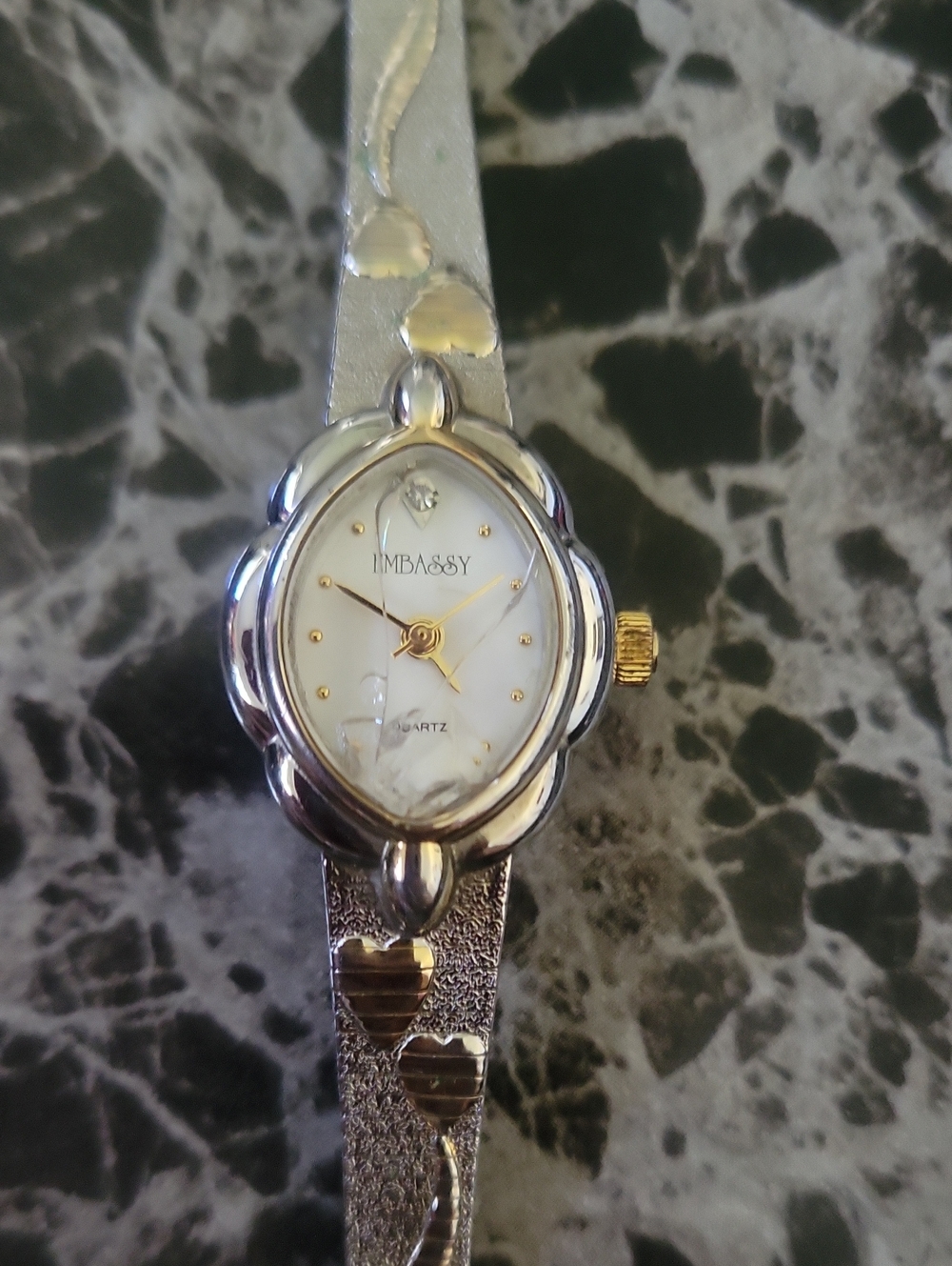 Vtg. Embassy Quartz Silver W/ Gold Tone Hearts & Squirrel Design Japan Movt.